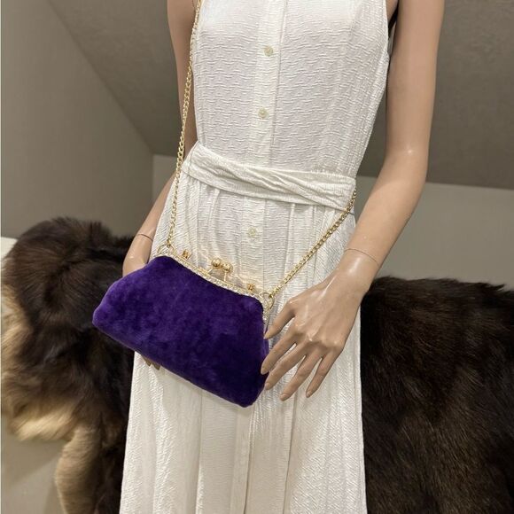 Purple Handmade Genuine Shearling Kisslock Top Handle bag/Shoulder Bag/Crossbody - Picture 8 of 16